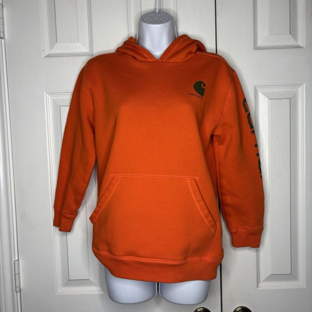 Carhartt Hoodie Orange Pullover Youth Large 14-16 Logo Sleeve Workwear